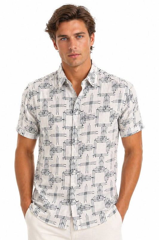 BOHIO Havana Collection Men’s Short Sleeve Resort Shirt – Linen Look Tropical Print Shirt - MLL3740 - Casual Tropical Wear