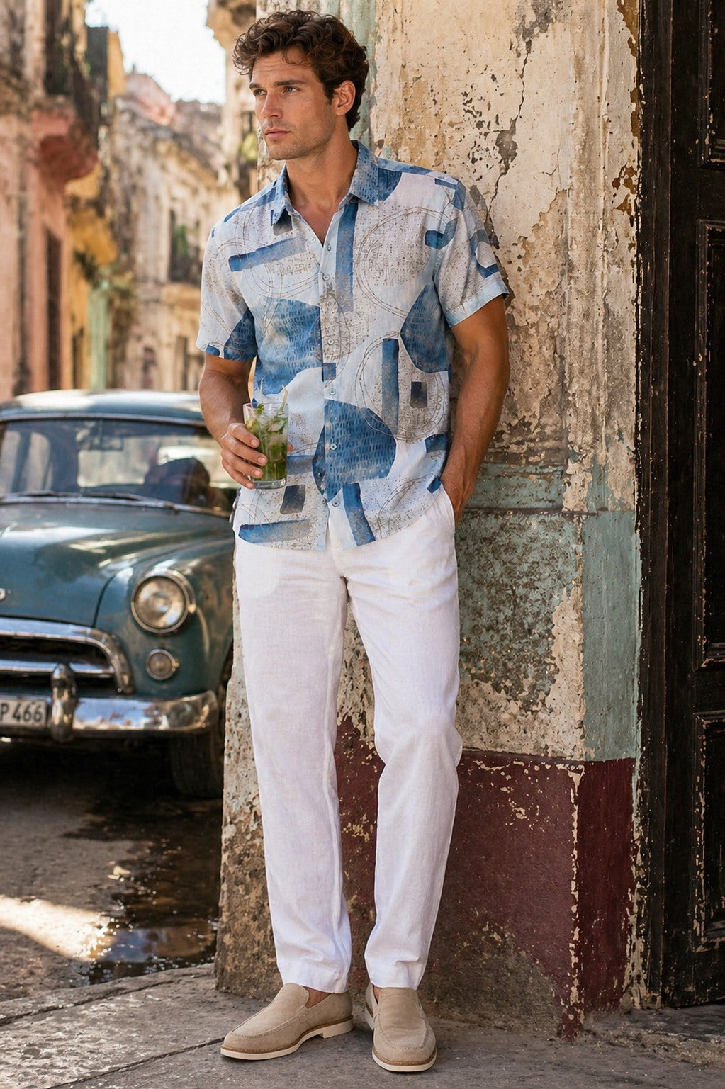 BOHIO Havana Collection Men’s Blue Abstract Resort Shirt – Modern Cuban Tropical Short Sleeve Shirt - MLL3853 - Casual Tropical Wear