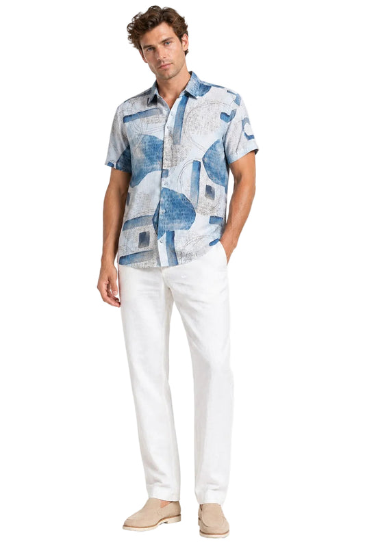 BOHIO Havana Collection Men’s Blue Abstract Resort Shirt – Modern Cuban Tropical Short Sleeve Shirt - MLL3853 - Casual Tropical Wear