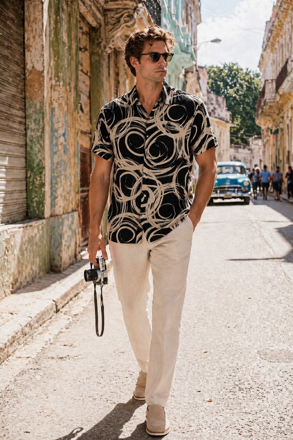 BOHIO Havana Collection Men’s Black Abstract Resort Shirt – Modern Cuban Tropical Button Up - MLL3854 - Casual Tropical Wear