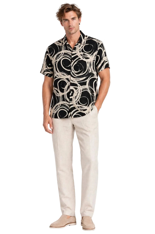 BOHIO Havana Collection Men’s Black Abstract Resort Shirt – Modern Cuban Tropical Button Up - MLL3854 - Casual Tropical Wear