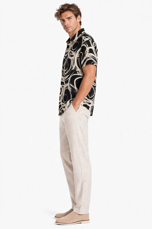 BOHIO Havana Collection Men’s Black Abstract Resort Shirt – Modern Cuban Tropical Button Up - MLL3854 - Casual Tropical Wear