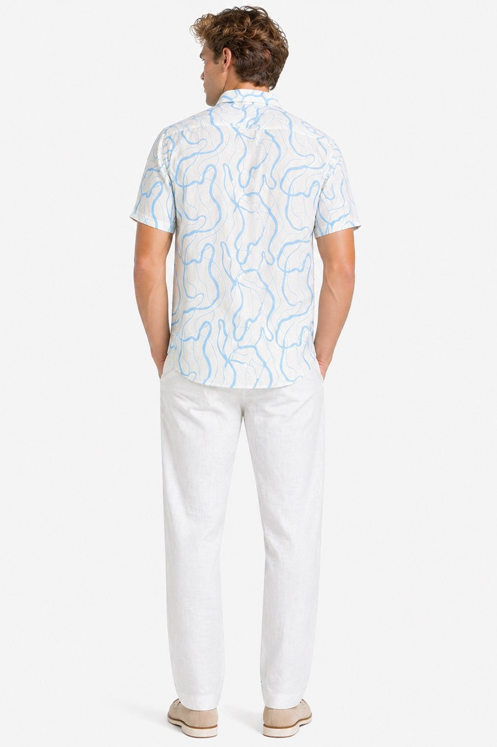 BOHIO Havana Collection Men’s Short Sleeve Linen-Look Shirt – White & Sky Blue Abstract Print - MLL3855 - Casual Tropical Wear