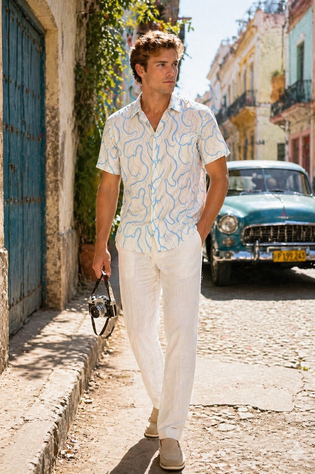 BOHIO Havana Collection Men’s Short Sleeve Linen-Look Shirt – White & Sky Blue Abstract Print - MLL3855 - Casual Tropical Wear