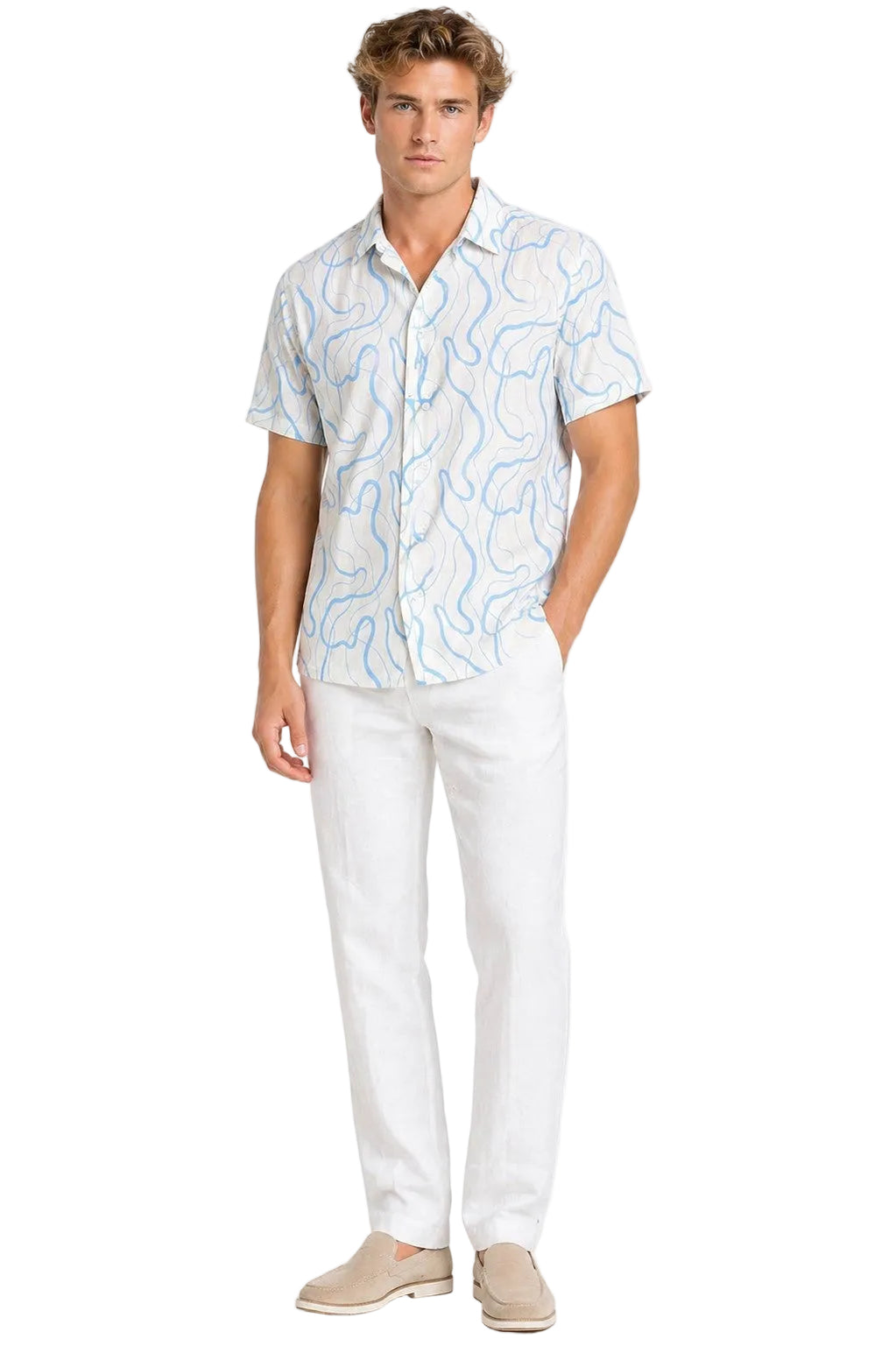 BOHIO Havana Collection Men’s Short Sleeve Linen-Look Shirt – White & Sky Blue Abstract Print - MLL3855 - Casual Tropical Wear