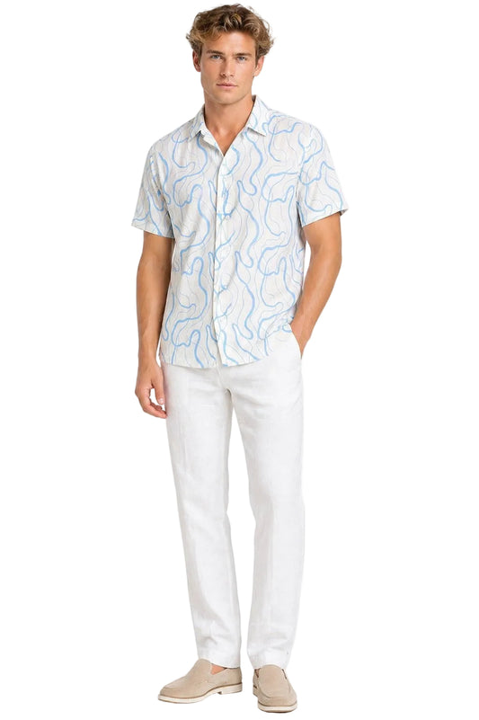 BOHIO Havana Collection Men’s Short Sleeve Linen-Look Shirt – White & Sky Blue Abstract Print - MLL3855 - Casual Tropical Wear