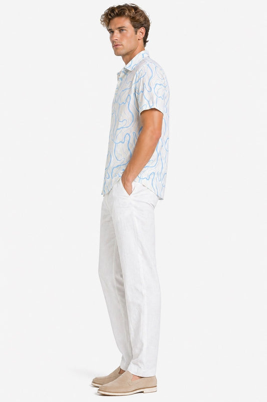 BOHIO Havana Collection Men’s Short Sleeve Linen-Look Shirt – White & Sky Blue Abstract Print - MLL3855 - Casual Tropical Wear