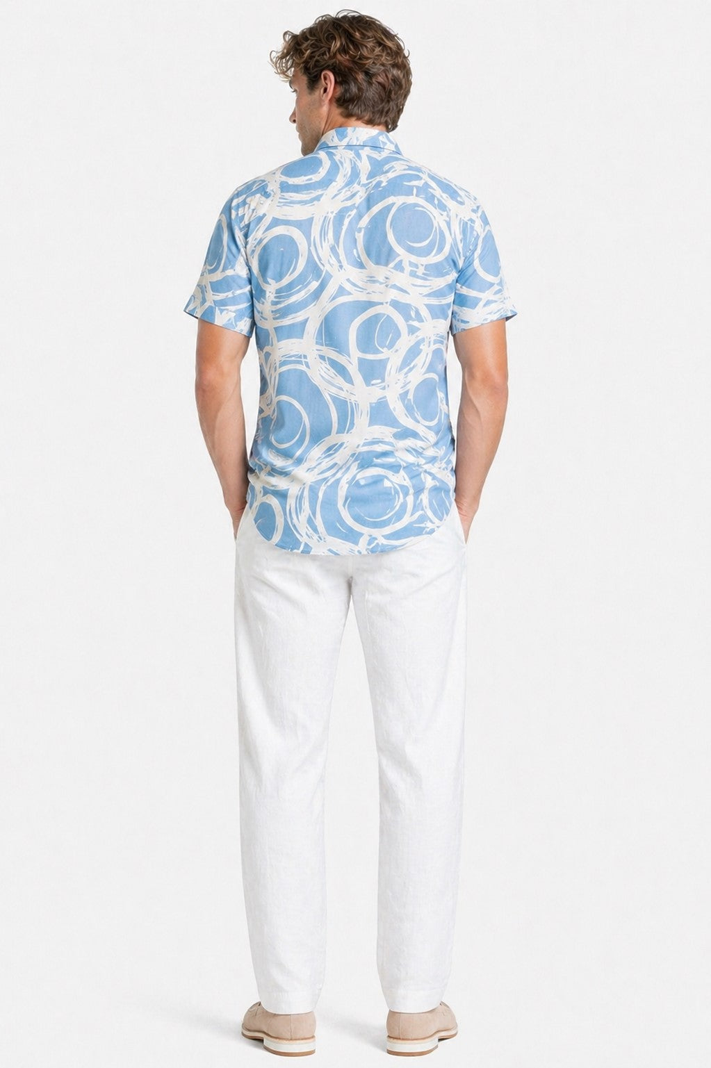 BOHIO Havana Collection Men’s Blue Abstract Circle Resort Shirt – Linen-Look Tropical Button Down - MLL3856 - Casual Tropical Wear