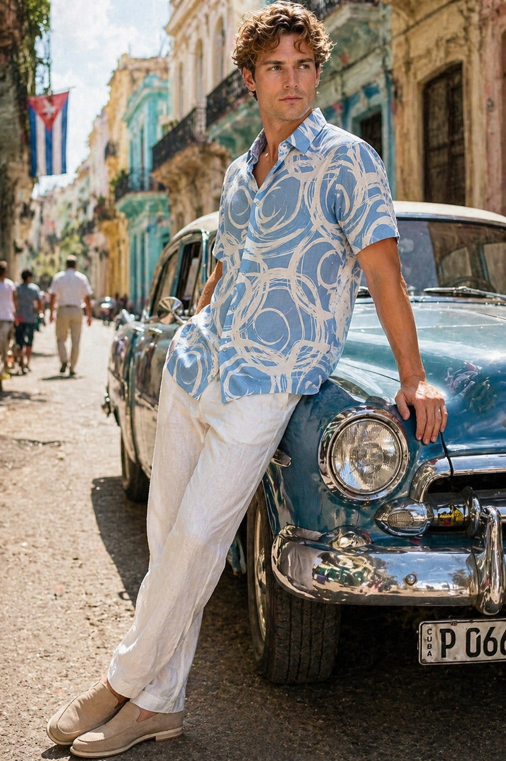 BOHIO Havana Collection Men’s Blue Abstract Circle Resort Shirt – Linen-Look Tropical Button Down - MLL3856 - Casual Tropical Wear