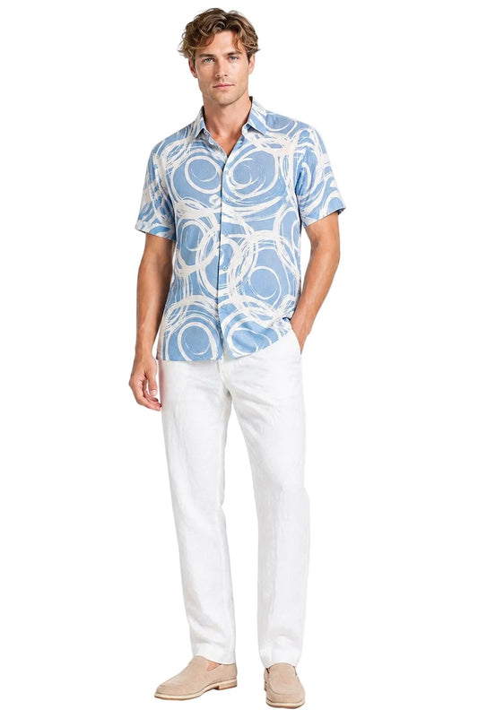 BOHIO Havana Collection Men’s Blue Abstract Circle Resort Shirt – Linen-Look Tropical Button Down - MLL3856 - Casual Tropical Wear