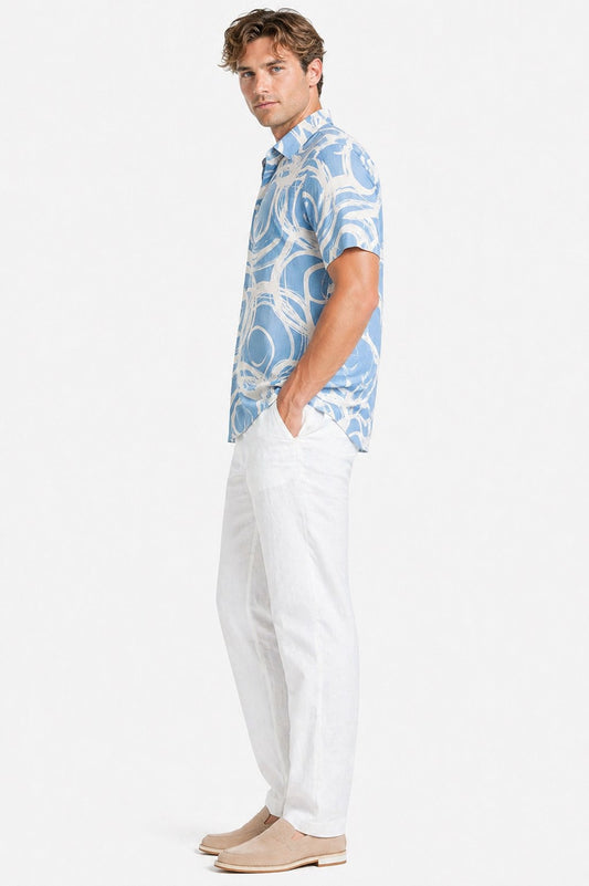BOHIO Havana Collection Men’s Blue Abstract Circle Resort Shirt – Linen-Look Tropical Button Down - MLL3856 - Casual Tropical Wear