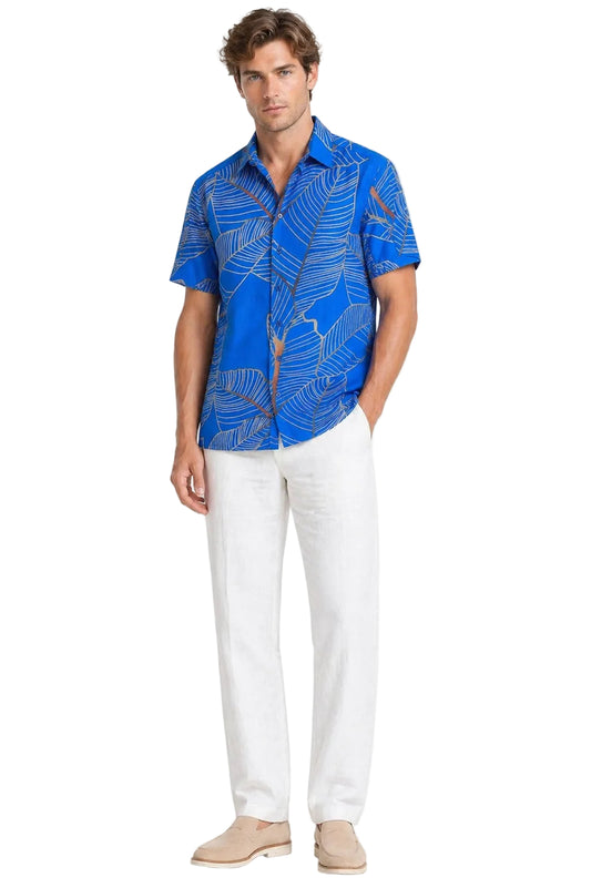 BOHIO Havana Collection Men’s Blue Tropical Resort Shirt – Modern Cuban Style Button Down- MLL3857 - Casual Tropical Wear