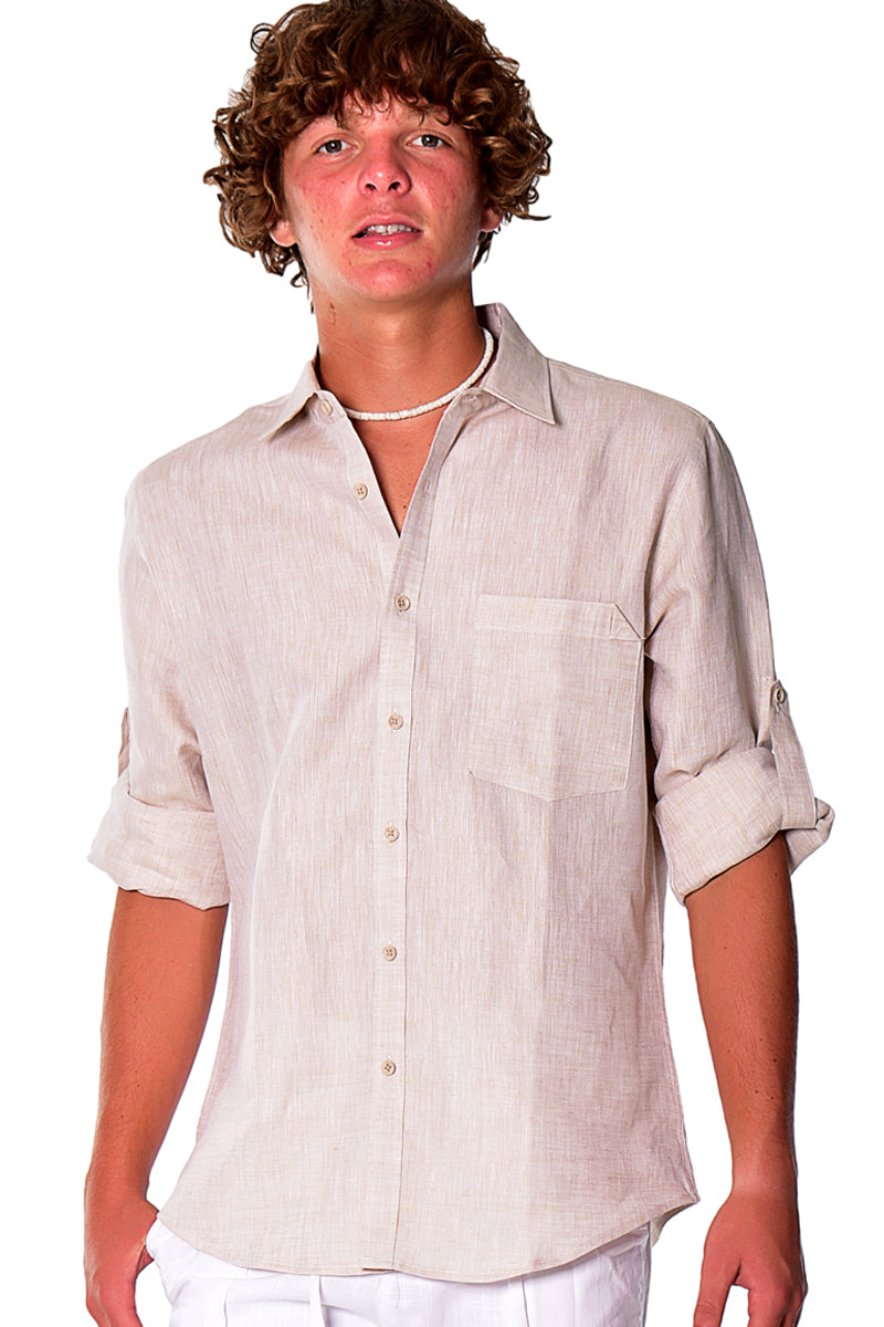 Bohio Mens Classic Soft Linen Long Sleeve Roll- up Shirt - In (5) Colors - MLS1358 - Casual Tropical Wear