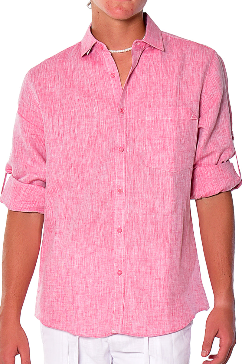 Bohio Mens Classic Soft Linen Long Sleeve Roll- up Shirt - In (5) Colors - MLS1358 - Casual Tropical Wear