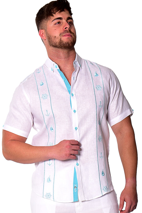 Bohio Men's 100% Linen w/Nautical Embroidered Fancy Panels Short Sleeve Shirt in (2) Colors-MLS1687 - Casual Tropical Wear