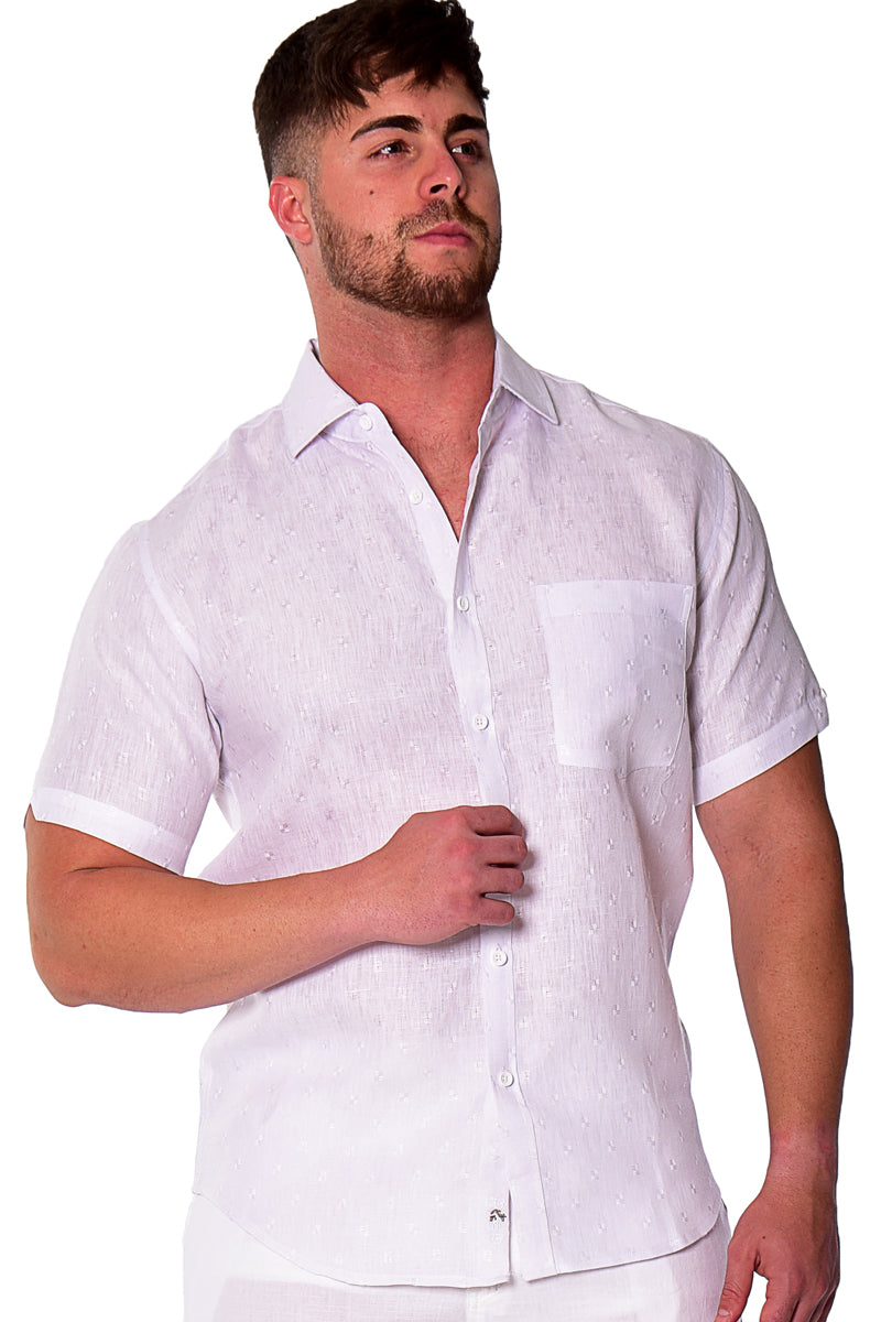 Bohio Mens 100% Linen Jacquard Shirt Button Down ( 1 ) Pocket in (2) Colors (S ~ 3XL) MLS2039 - Casual Tropical Wear