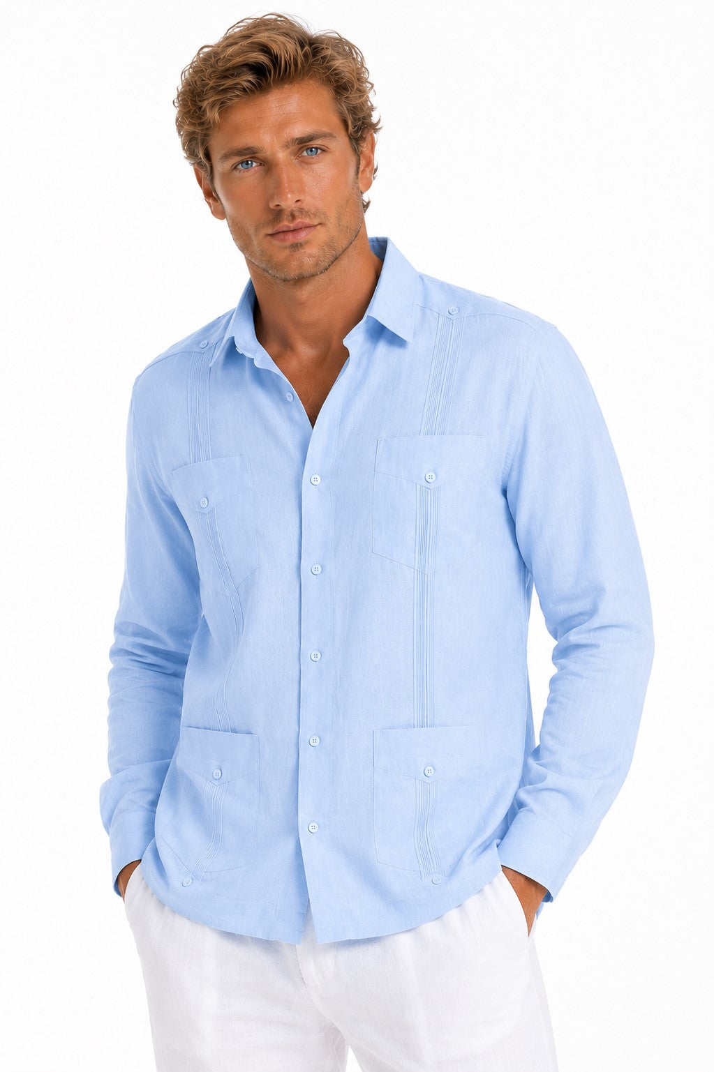 BOHIO Men’s 100% Irish Linen Guayabera Shirt – Luxury Long Sleeve Cuban Shirt for Resort & Wedding Wear - MLS401