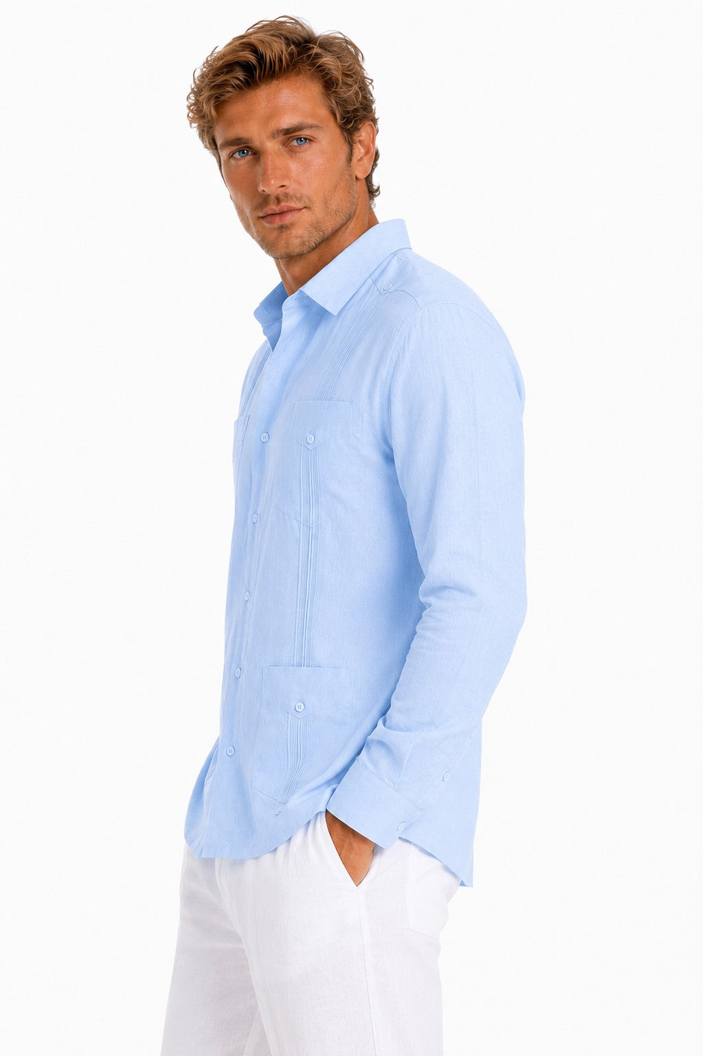 BOHIO Men’s 100% Irish Linen Guayabera Shirt – Luxury Long Sleeve Cuban Shirt for Resort & Wedding Wear - MLS401