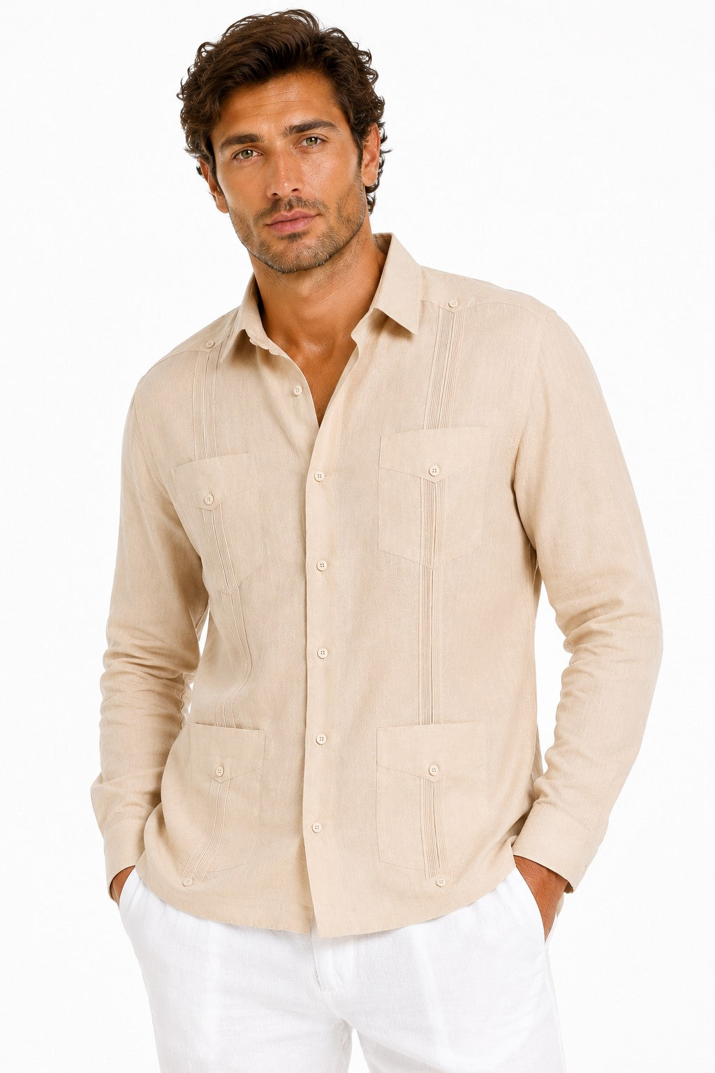BOHIO Men’s 100% Irish Linen Guayabera Shirt – Luxury Long Sleeve Cuban Shirt for Resort & Wedding Wear - MLS401