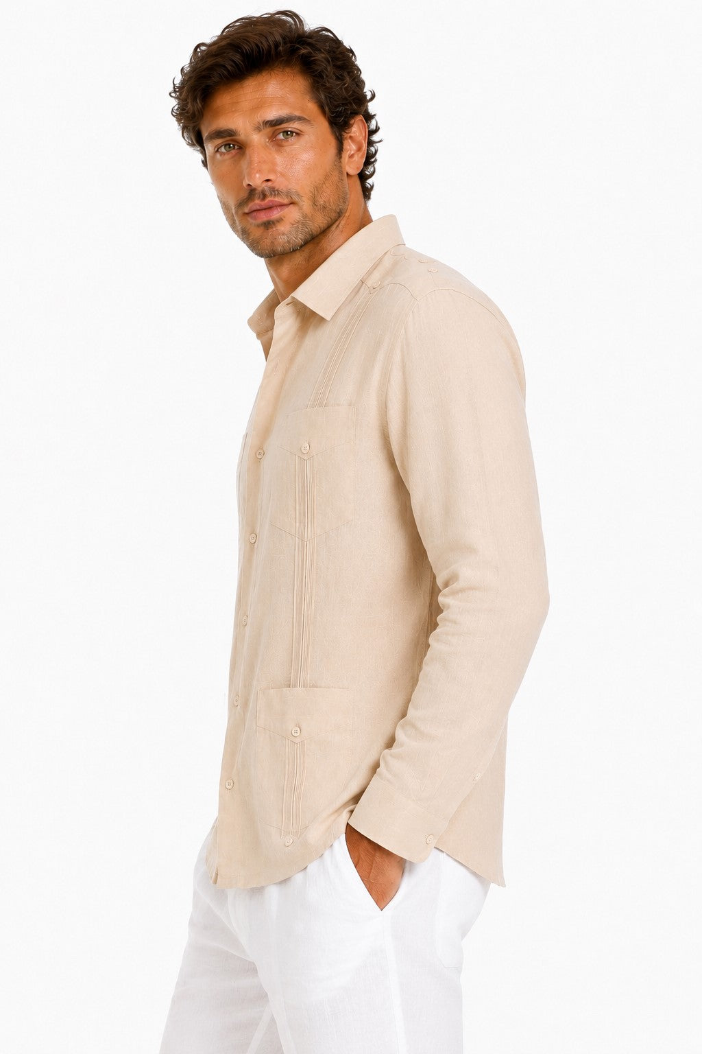BOHIO Men’s 100% Irish Linen Guayabera Shirt – Luxury Long Sleeve Cuban Shirt for Resort & Wedding Wear - MLS401