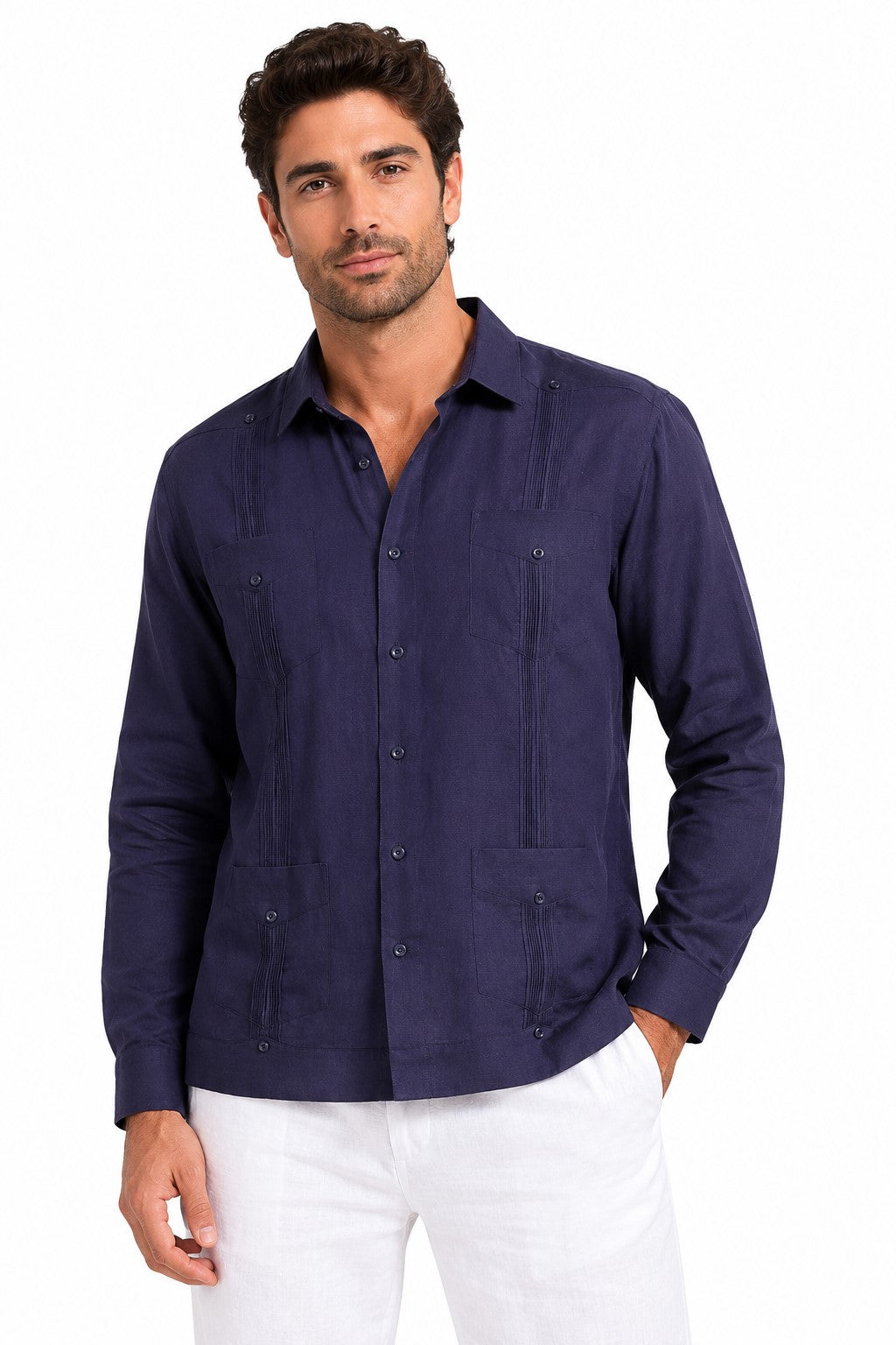 BOHIO Men’s 100% Irish Linen Guayabera Shirt – Luxury Long Sleeve Cuban Shirt for Resort & Wedding Wear - MLS401