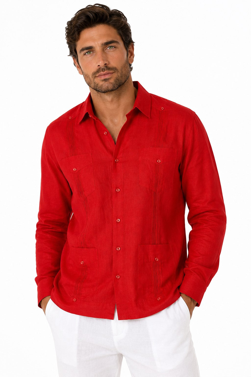 BOHIO Men’s 100% Irish Linen Guayabera Shirt – Luxury Long Sleeve Cuban Shirt for Resort & Wedding Wear - MLS401