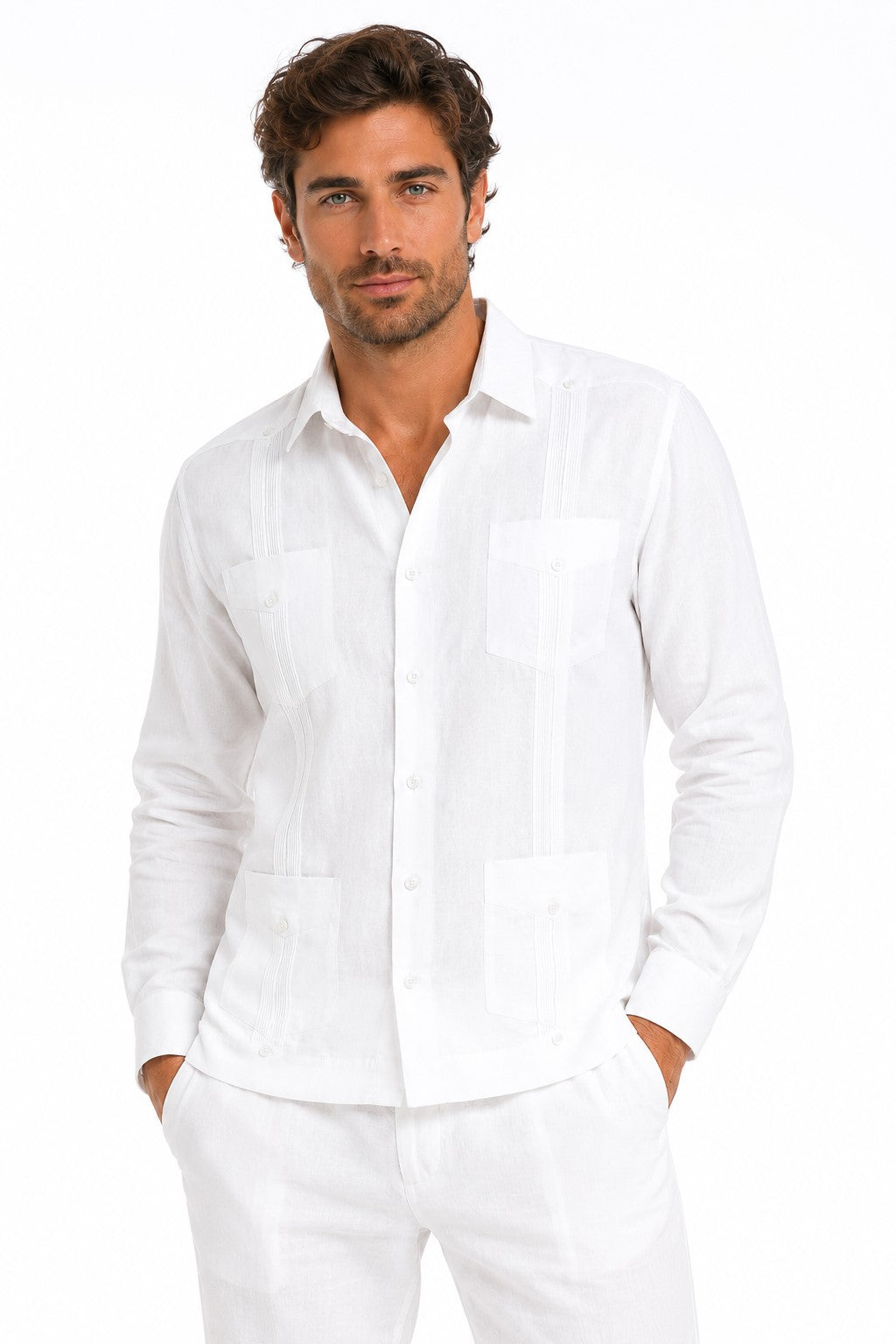 BOHIO Men’s 100% Irish Linen Guayabera Shirt – Luxury Long Sleeve Cuban Shirt for Resort & Wedding Wear - MLS401