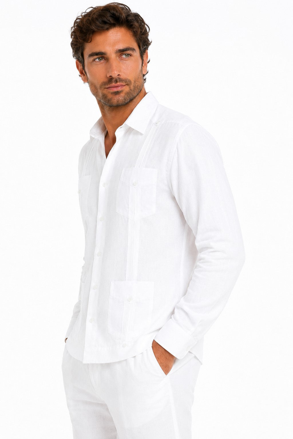 BOHIO Men’s 100% Irish Linen Guayabera Shirt – Luxury Long Sleeve Cuban Shirt for Resort & Wedding Wear - MLS401