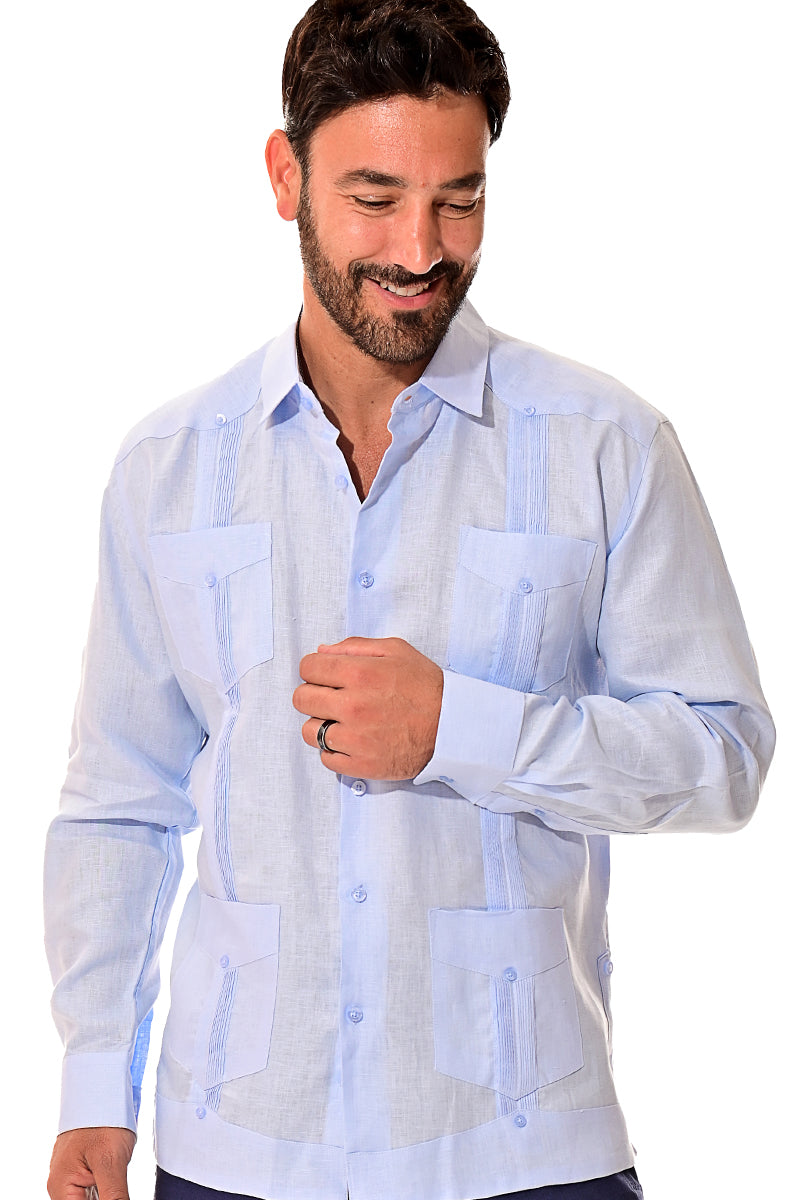 Mens 100% Soft Linen Guayabera L/S Shirt for Men- Traditional 4-Pocket in (5) Colors - MLS401 - Casual Tropical Wear
