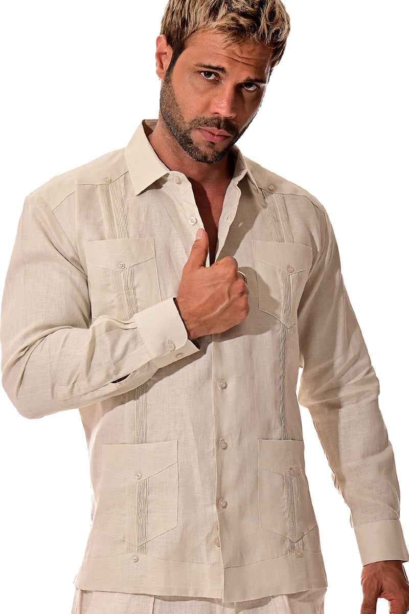 Mens 100% Soft Linen Guayabera L/S Shirt for Men- Traditional 4-Pocket in (5) Colors - MLS401 - Casual Tropical Wear