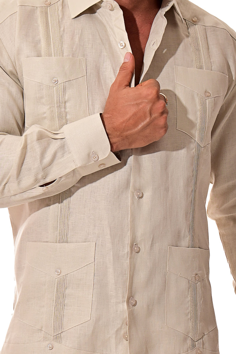 Mens 100% Soft Linen Guayabera L/S Shirt for Men- Traditional 4-Pocket in (5) Colors - MLS401 - Casual Tropical Wear