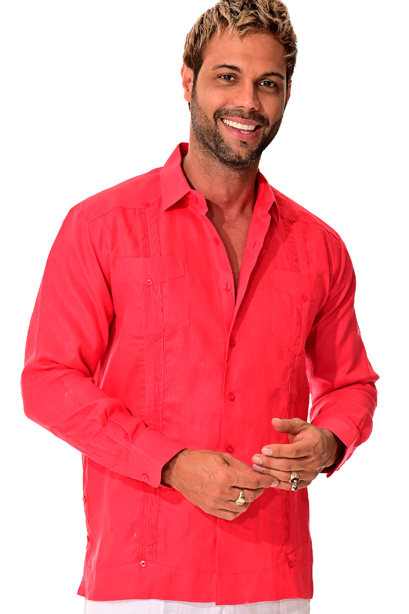 Mens 100% Soft Linen Guayabera L/S Shirt for Men- Traditional 4-Pocket in (5) Colors - MLS401 - Casual Tropical Wear
