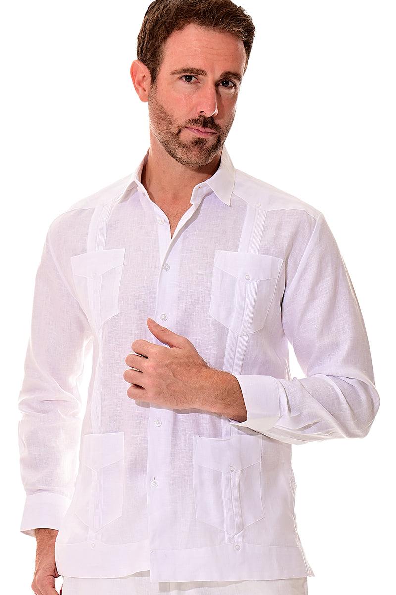 Mens 100% Soft Linen Guayabera L/S Shirt for Men- Traditional 4-Pocket in (5) Colors - MLS401 - Casual Tropical Wear