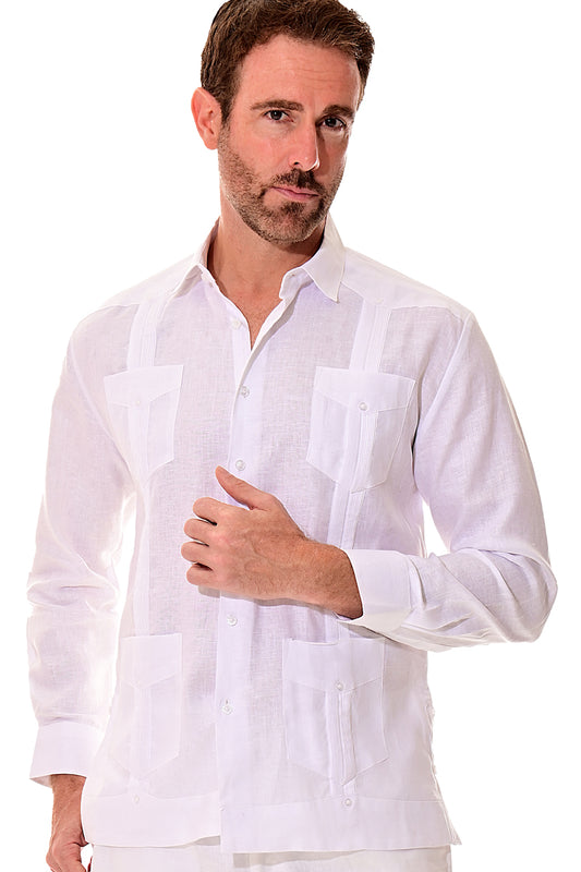 Mens 100% Soft Linen Guayabera L/S Shirt for Men- Traditional 4-Pocket in (5) Colors - MLS401 - Casual Tropical Wear