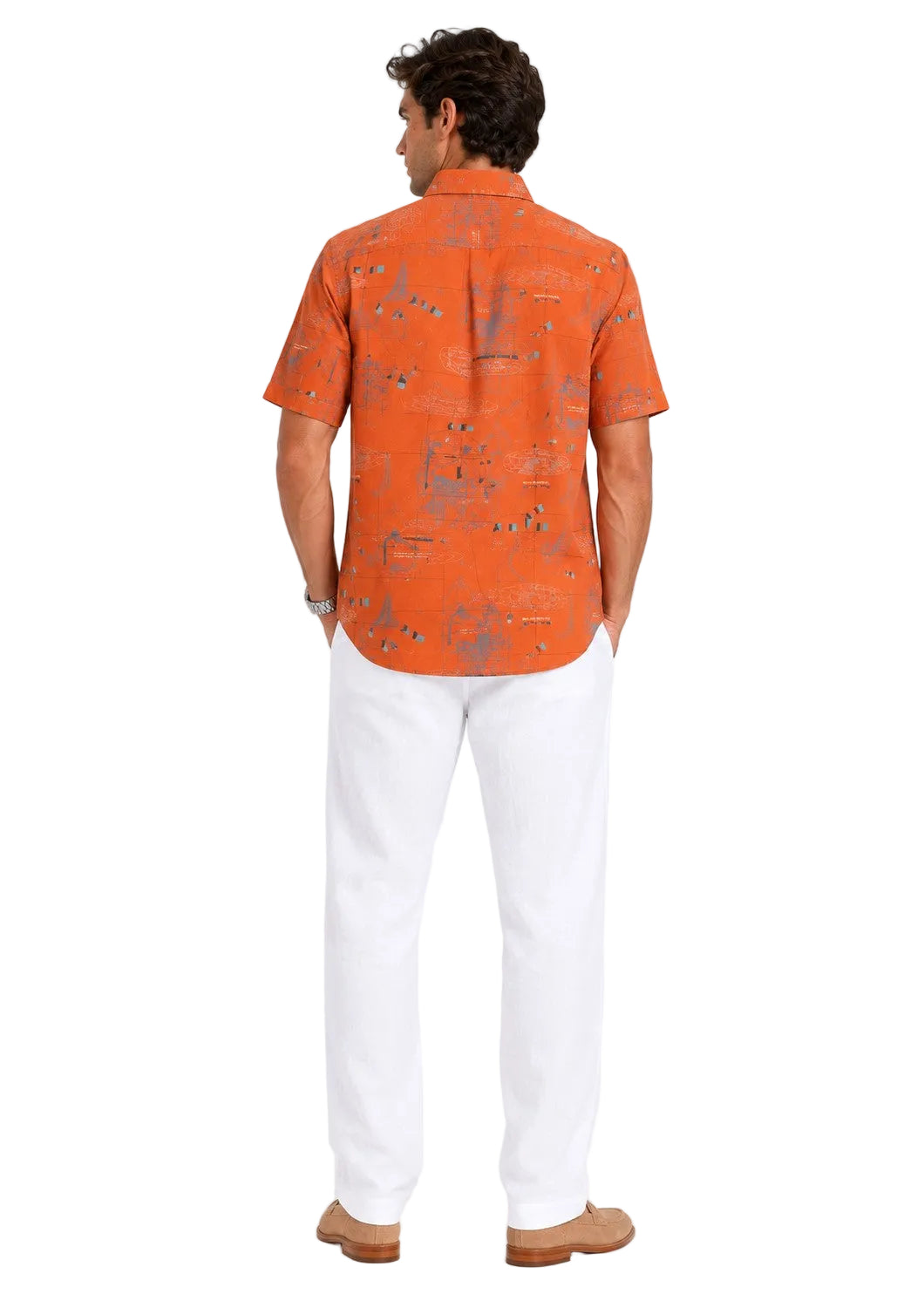 BOHIO Coastal Linen Collection Men's Linen Lyocell Nautical Print Short Sleeve Shirt | 55% Linen 45% Lyocell - MLSP3921