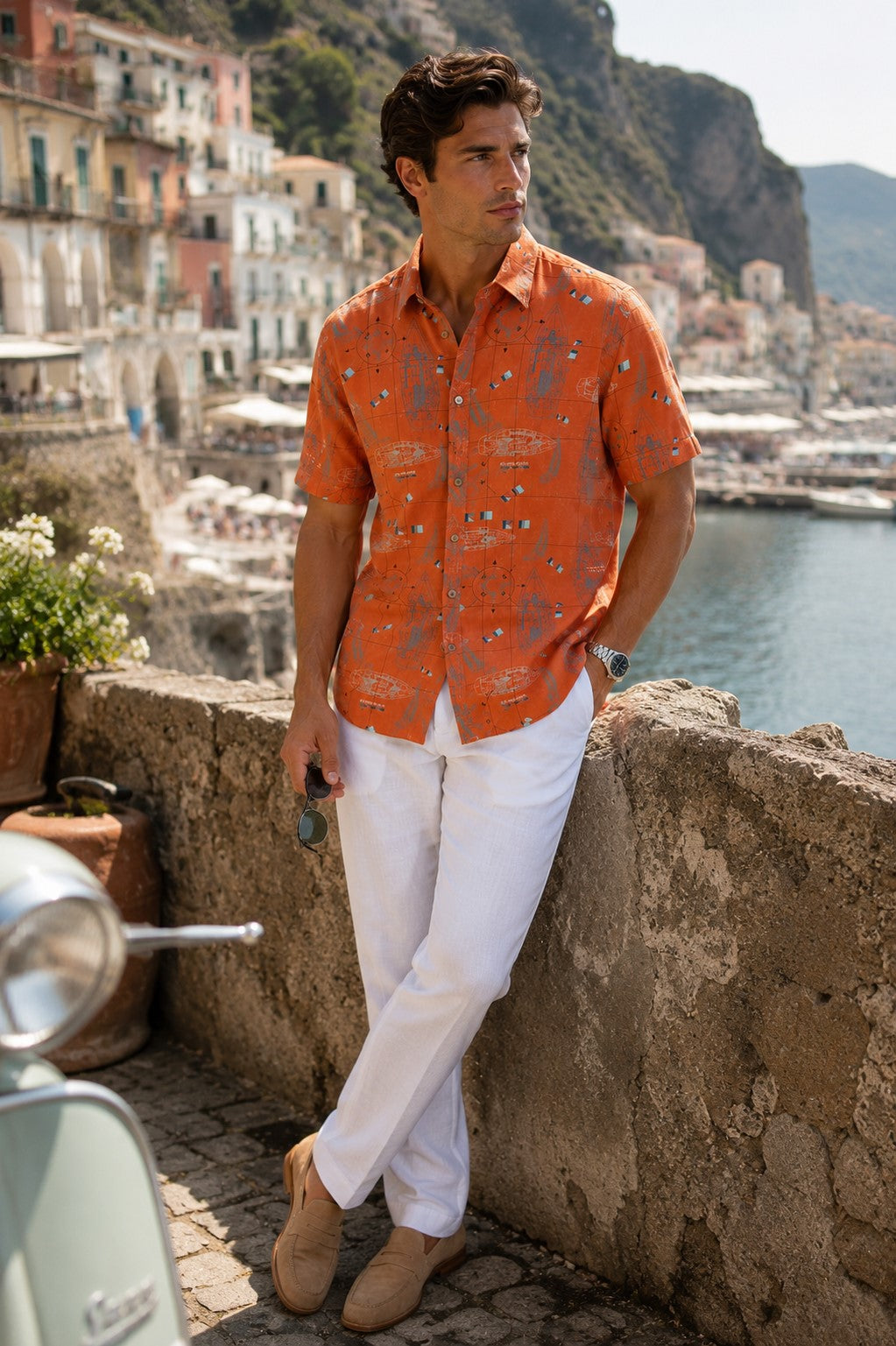 BOHIO Coastal Linen Collection Men's Linen Lyocell Nautical Print Short Sleeve Shirt | 55% Linen 45% Lyocell - MLSP3921