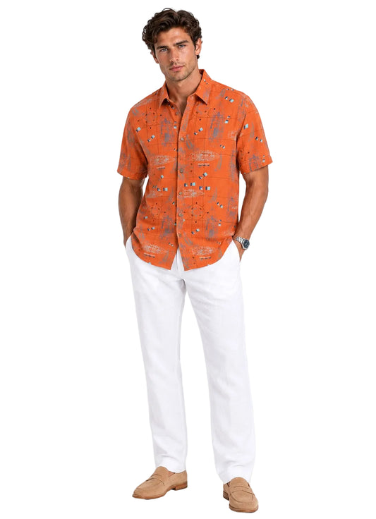 BOHIO Coastal Linen Collection Men's Linen Lyocell Nautical Print Short Sleeve Shirt | 55% Linen 45% Lyocell - MLSP3921