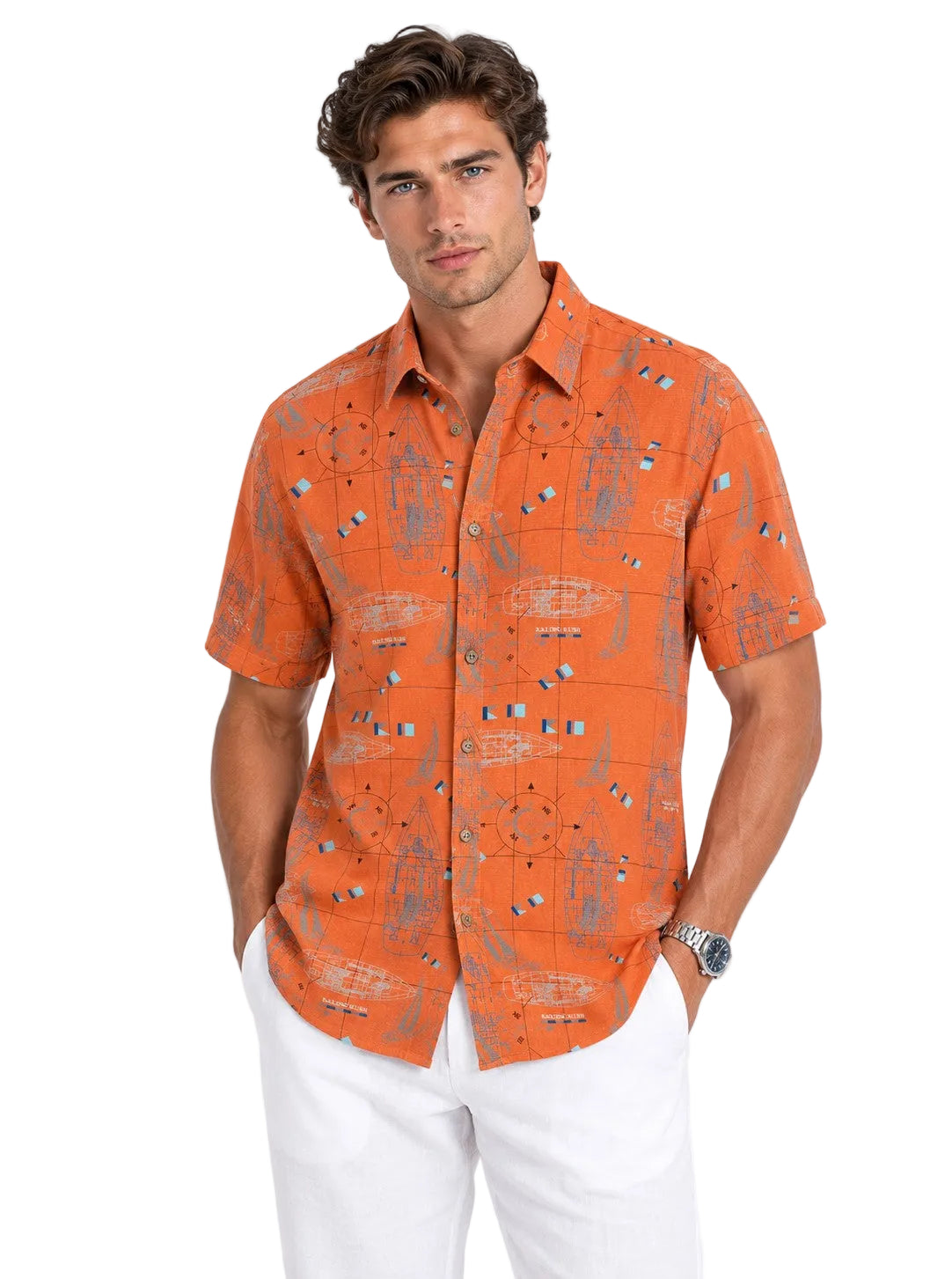 BOHIO Coastal Linen Collection Men's Linen Lyocell Nautical Print Short Sleeve Shirt | 55% Linen 45% Lyocell - MLSP3921