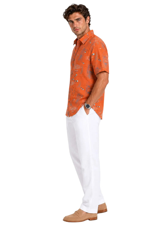 BOHIO Coastal Linen Collection Men's Linen Lyocell Nautical Print Short Sleeve Shirt | 55% Linen 45% Lyocell - MLSP3921