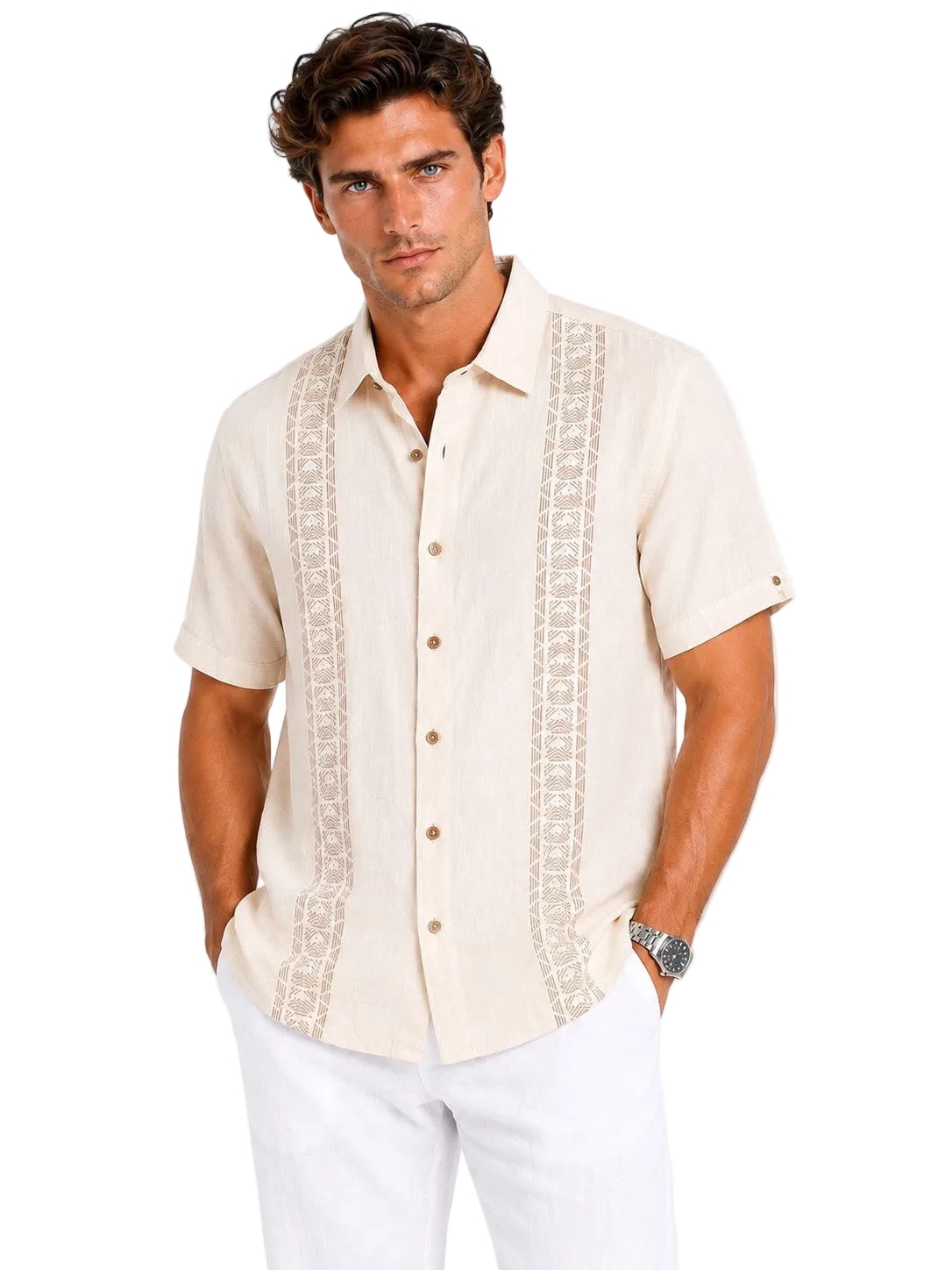 BOHIO Coastal Linen Collection Men's Linen Lyocell Embroidered Resort Shirt | 55% Linen 45% Lyocell - MLSP3923