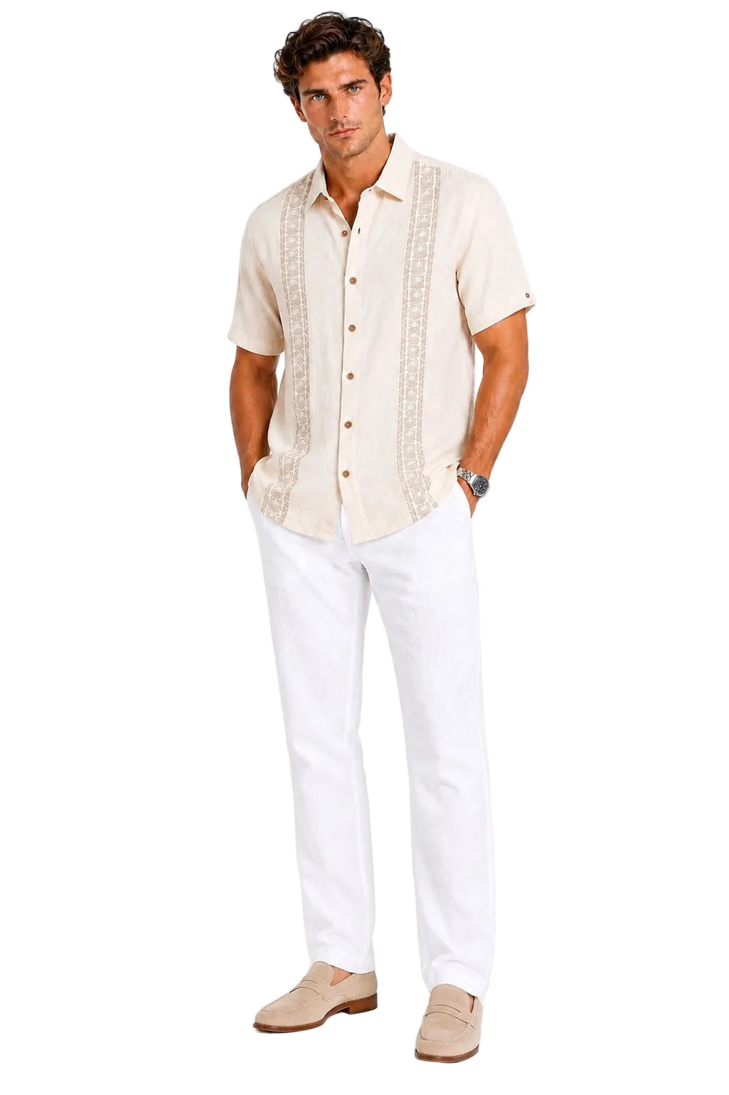 BOHIO Coastal Linen Collection Men's Linen Lyocell Embroidered Resort Shirt | 55% Linen 45% Lyocell - MLSP3923