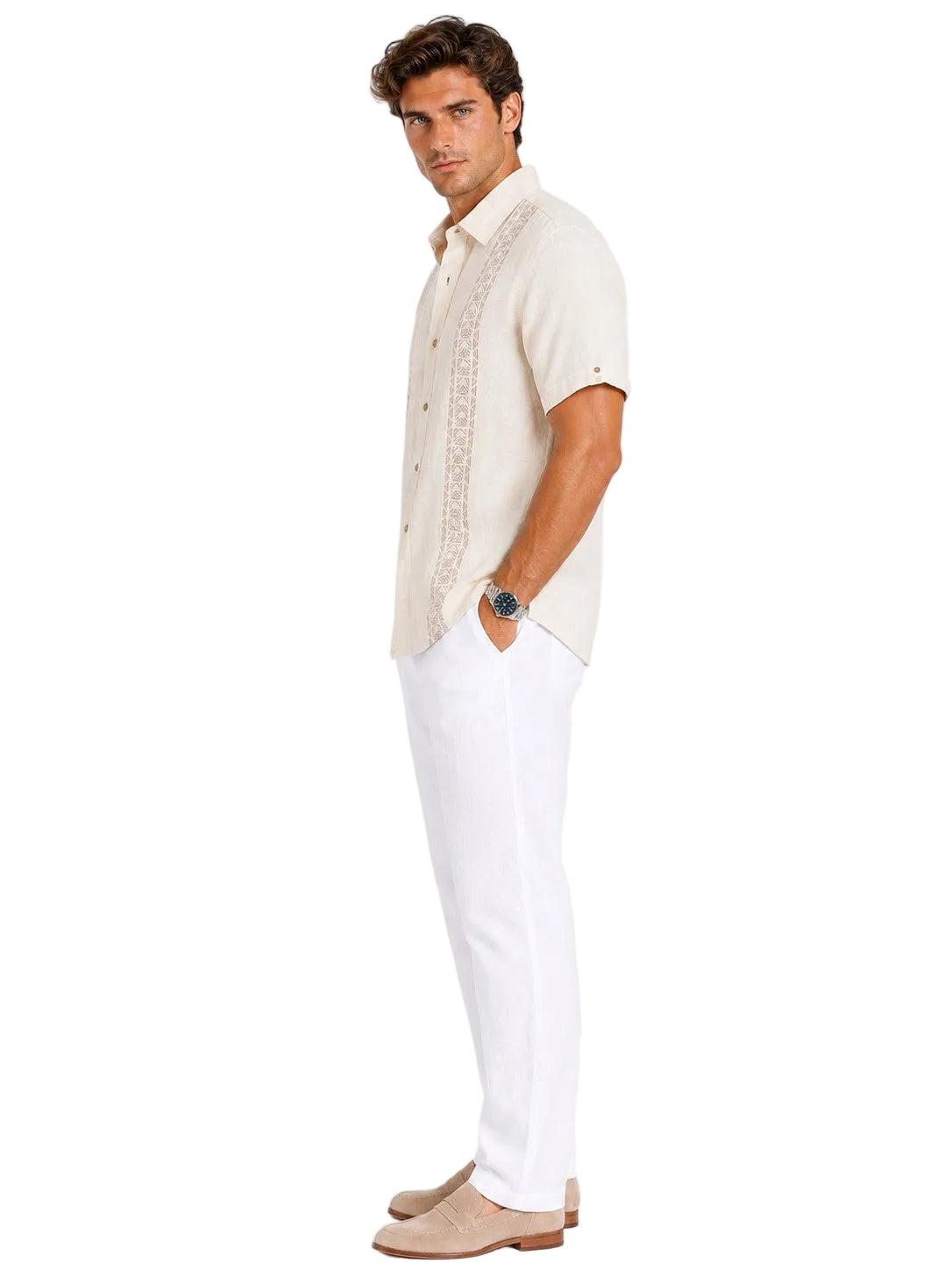 BOHIO Coastal Linen Collection Men's Linen Lyocell Embroidered Resort Shirt | 55% Linen 45% Lyocell - MLSP3923