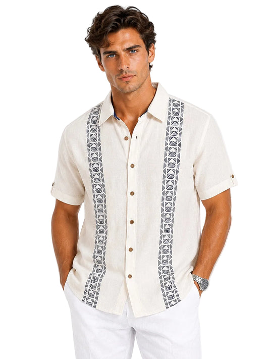 BOHIO Coastal Linen Collection Men's Linen Lyocell Embroidered Resort Shirt | 55% Linen 45% Lyocell - MLSP3923