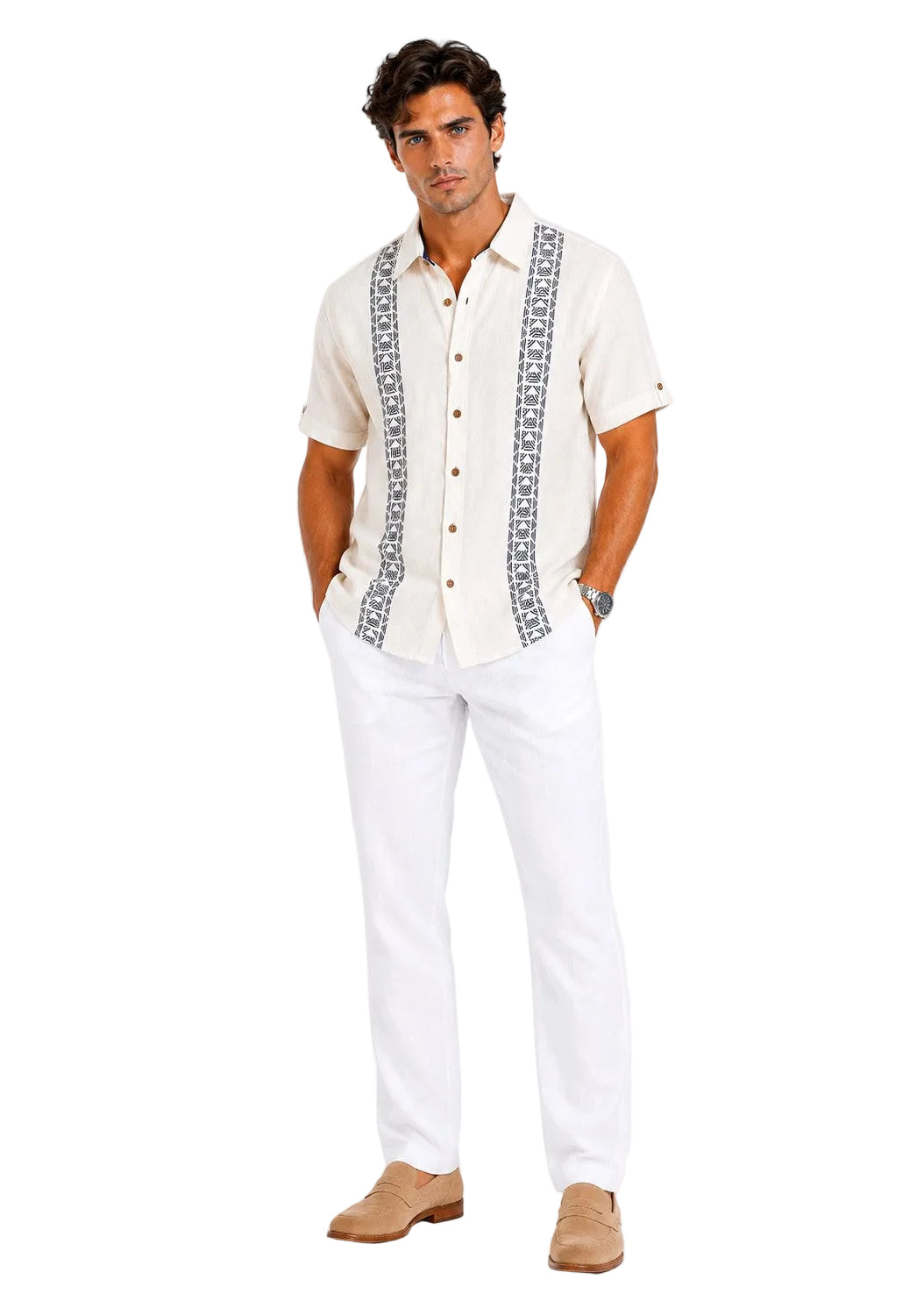 BOHIO Coastal Linen Collection Men's Linen Lyocell Embroidered Resort Shirt | 55% Linen 45% Lyocell - MLSP3923