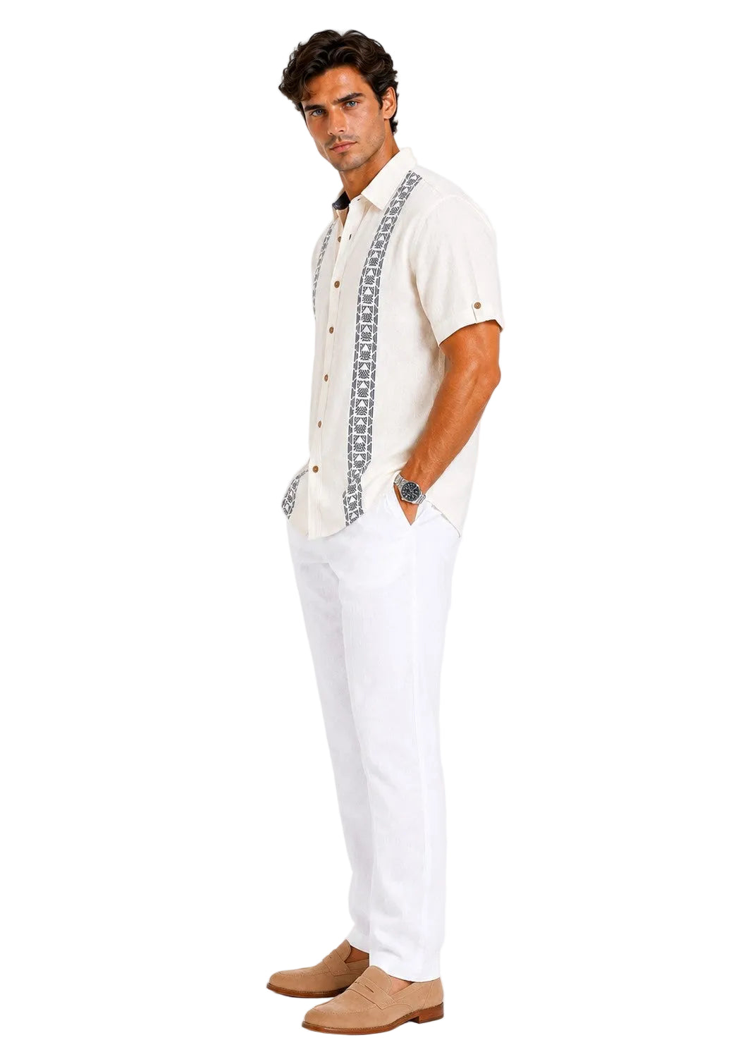 BOHIO Coastal Linen Collection Men's Linen Lyocell Embroidered Resort Shirt | 55% Linen 45% Lyocell - MLSP3923