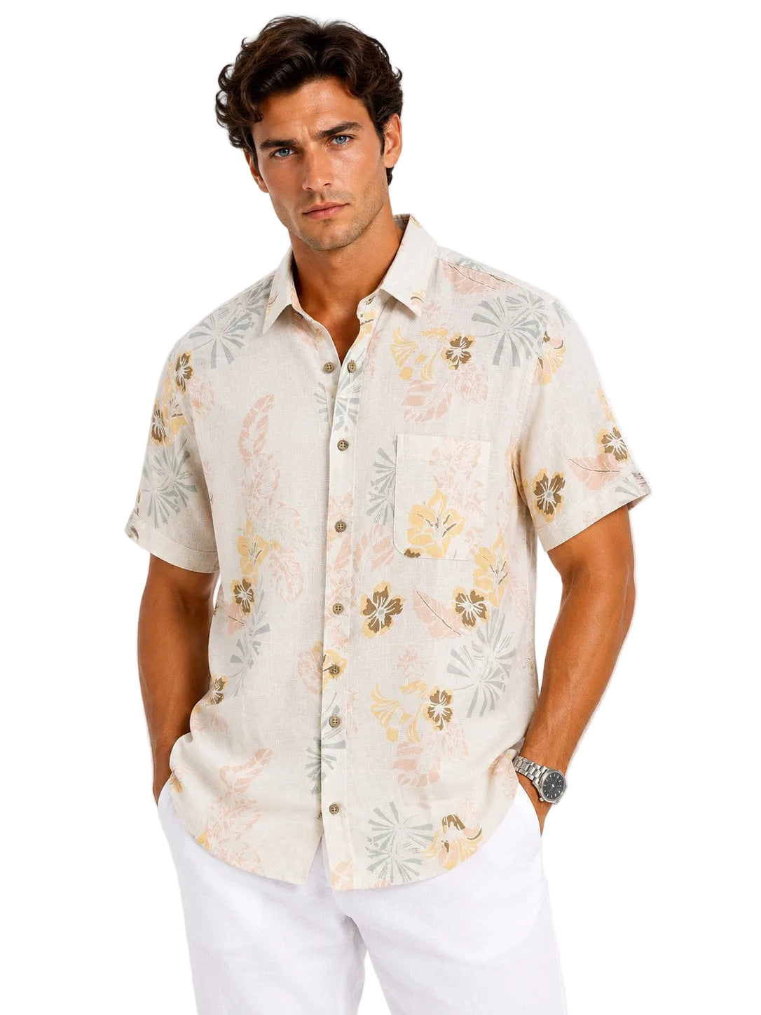BOHIO Coastal Linen Collection Men's Linen Lyocell Tropical Print Resort Shirt | 55% Linen 45% Lyocell - MLSP3924
