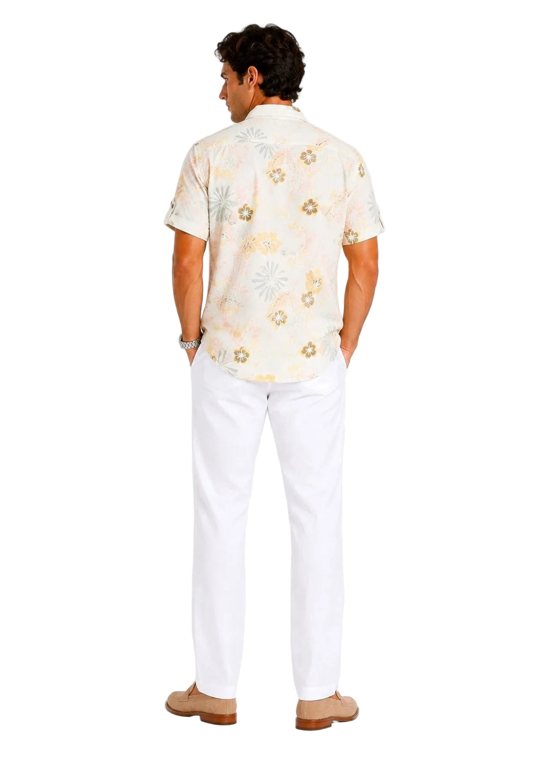 BOHIO Coastal Linen Collection Men's Linen Lyocell Tropical Print Resort Shirt | 55% Linen 45% Lyocell - MLSP3924