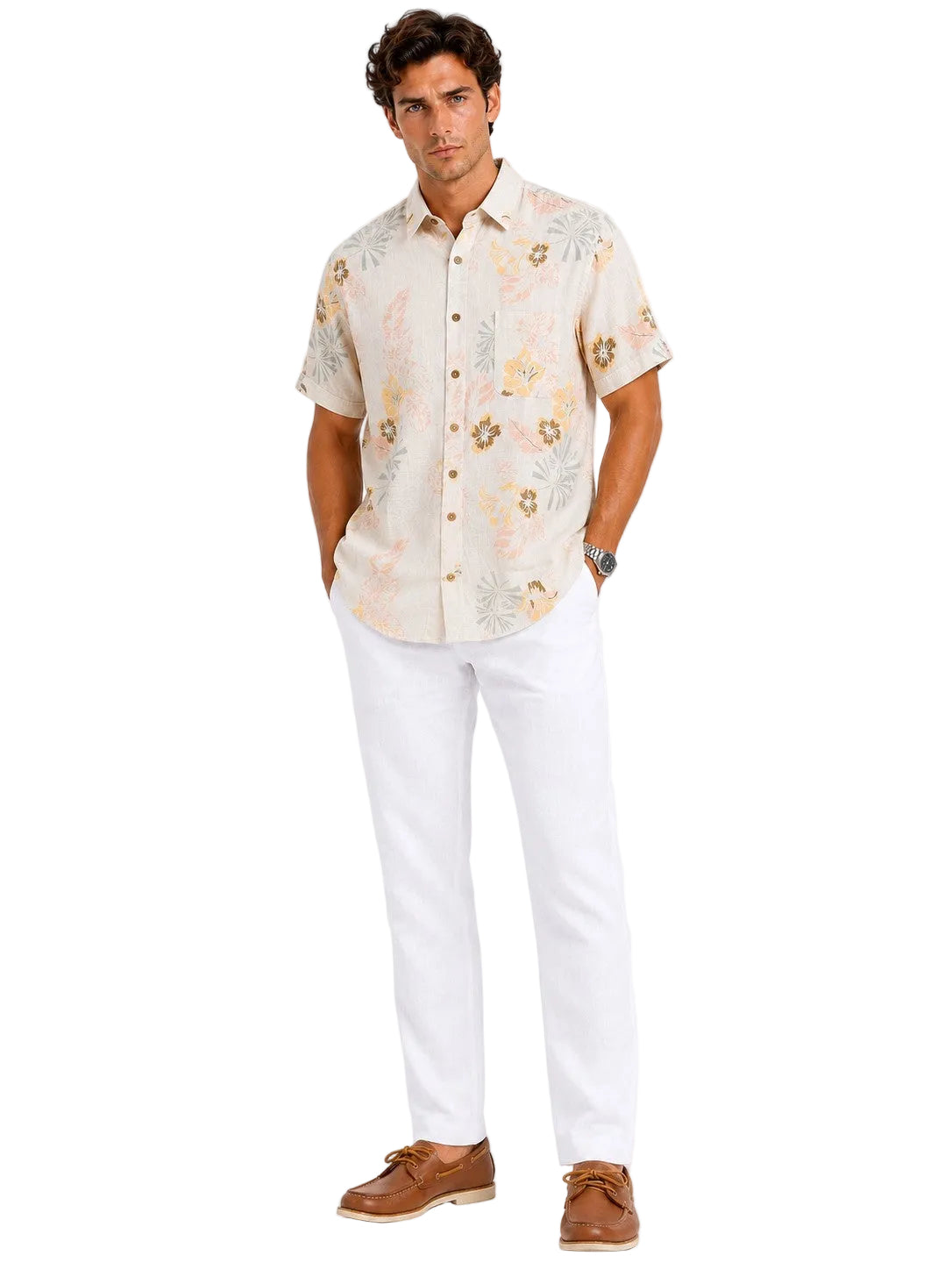 BOHIO Coastal Linen Collection Men's Linen Lyocell Tropical Print Resort Shirt | 55% Linen 45% Lyocell - MLSP3924