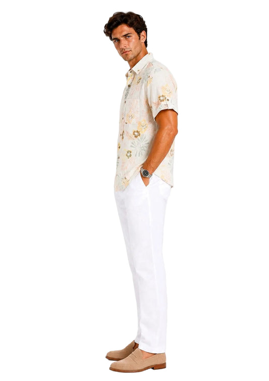 BOHIO Coastal Linen Collection Men's Linen Lyocell Tropical Print Resort Shirt | 55% Linen 45% Lyocell - MLSP3924