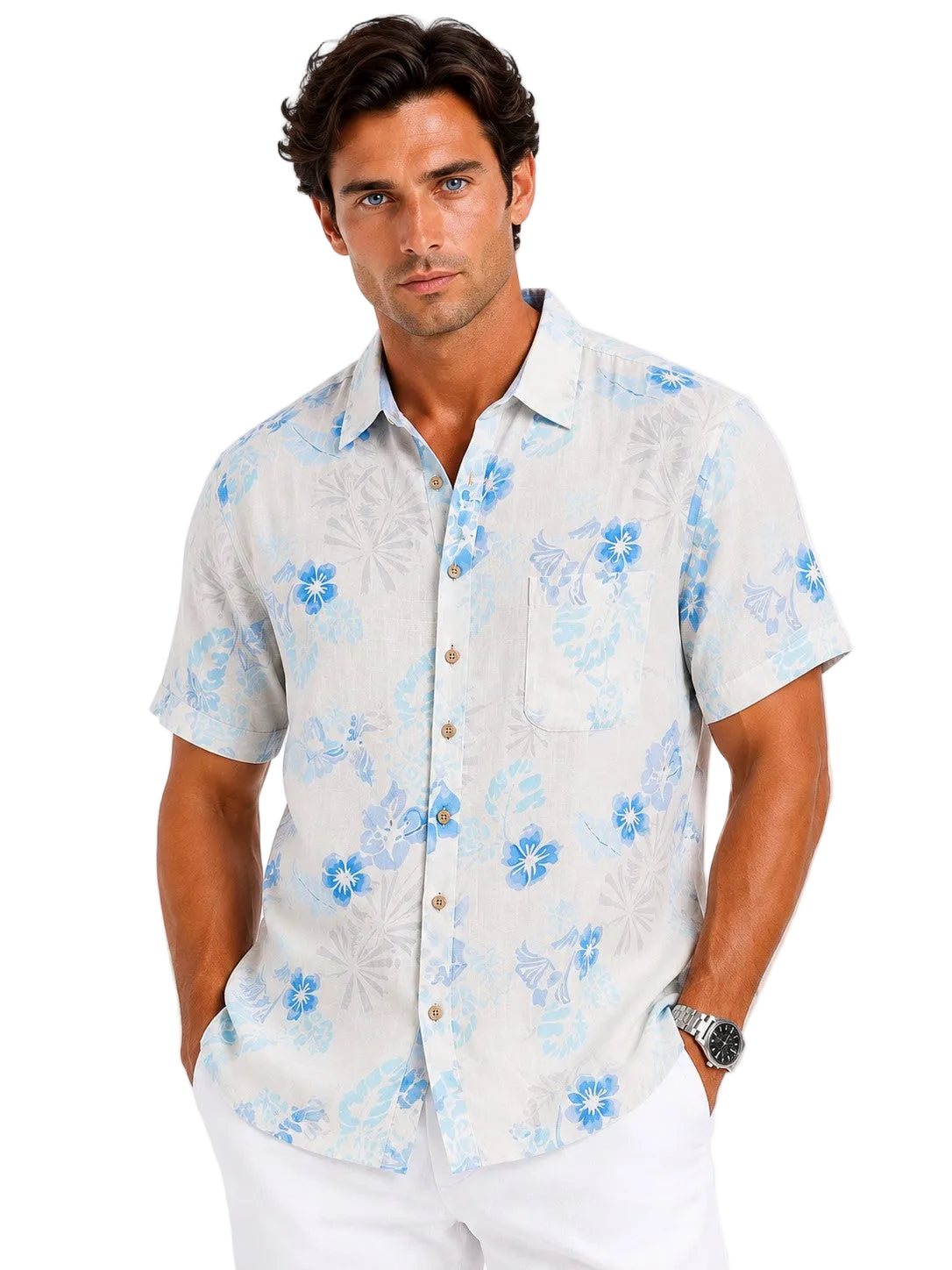 BOHIO Coastal Linen Collection Men's Linen Lyocell Tropical Print Resort Shirt | 55% Linen 45% Lyocell - MLSP3924